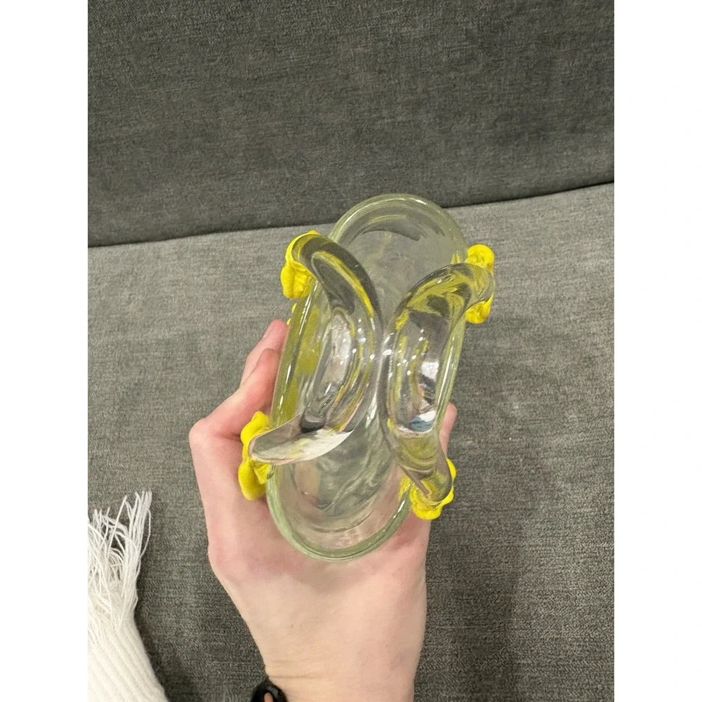 Vintage Art Glass Purse Vase Clear‎ with Yellow Flower Accents Hand Blown 9.5